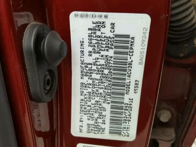 4T1BE32K02U095774 - 2002 TOYOTA CAMRY LE მუქწითელი ფოტო 10