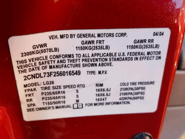 2CNDL73F256016549 - 2005 CHEVROLET EQUINOX LT MAROON photo 10