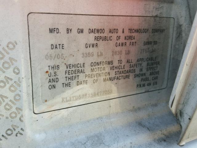 KL1TD526X5B477053 - 2005 CHEVROLET AVEO BASE 白色 照片 10