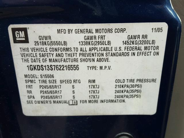 1GKDS13S762216556 - 2006 GMC ENVOY BLUE photo 10