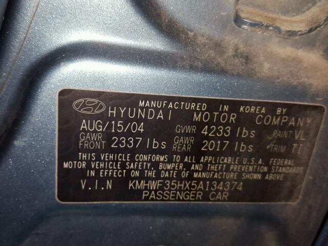 KMHWF35HX5A134374 - 2005 HYUNDAI SONATA GLS BLUE photo 10