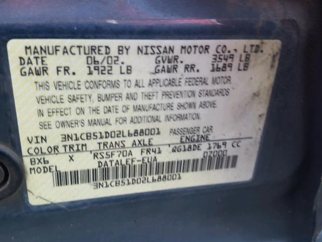 3N1CB51D02L688001 - 2002 NISSAN SENTRA XE BLUE photo 10