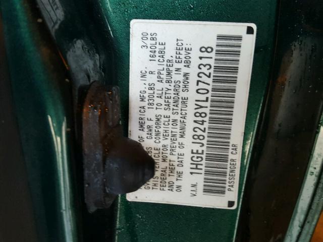 1HGEJ8248YL072318 - 2000 HONDA CIVIC EX Yeşil fotoğraf 10