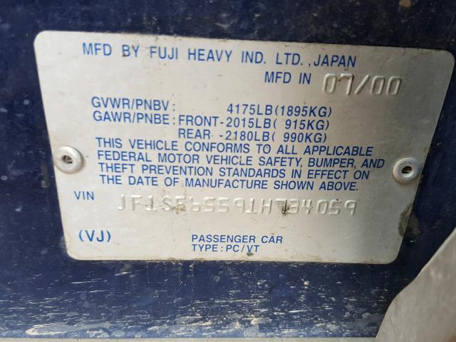 JF1SF65591H734059 - 2001 SUBARU FORESTER S BLUE photo 10