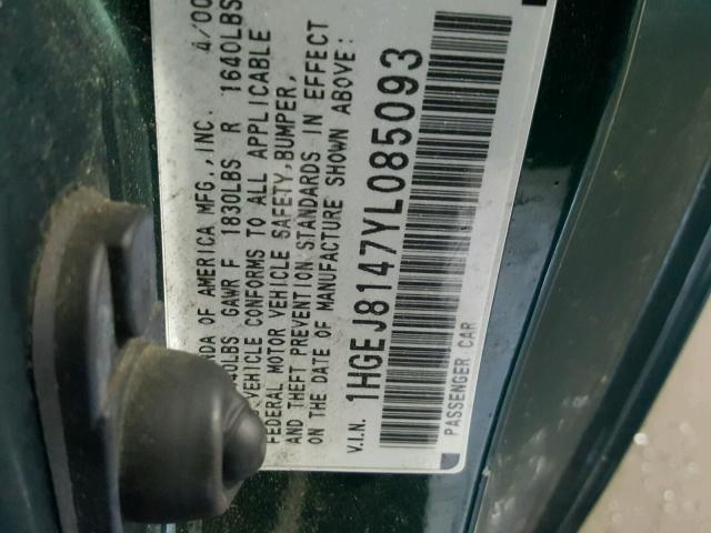 1HGEJ8147YL085093 - 2000 HONDA CIVIC EX 绿色 照片 10