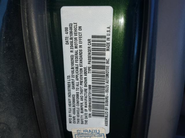 4S3BH6359Y7311988 - 2000 SUBARU LEGACY L GREEN photo 10