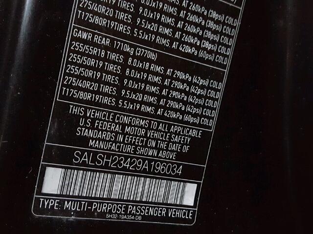 SALSH23429A196034 - 2009 LAND ROVER RANGE ROVE BLACK photo 10