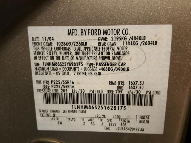 1LNHM86S25Y628175 - 2005 LINCOLN LS 银色 照片 10