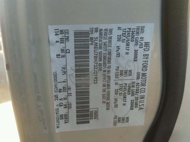 5LMEU78H73ZJ21923 - 2003 LINCOLN AVIATOR 金色 照片 10