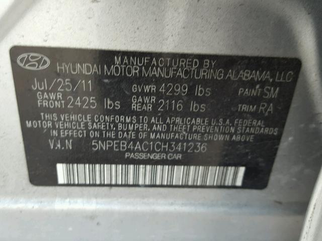 5NPEB4AC1CH341236 - 2012 HYUNDAI SONATA GLS GRAY photo 10