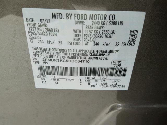 2FMDK3KC5DBC64710 - 2013 FORD EDGE LIMIT GRAY photo 10