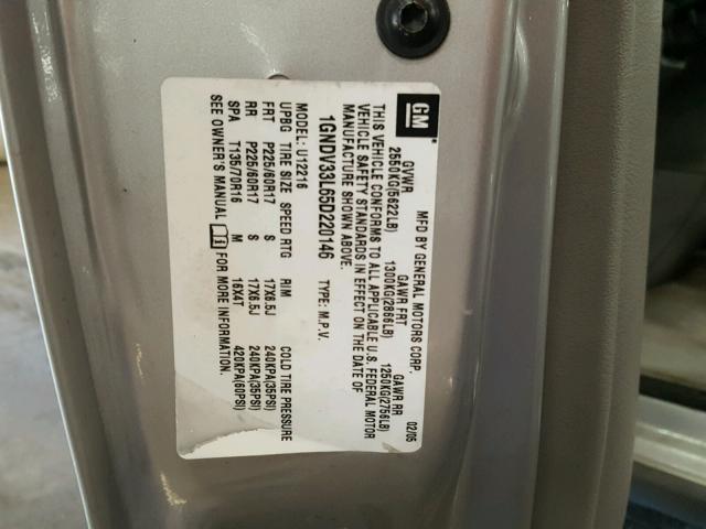 1GNDV33L65D220146 - 2005 CHEVROLET UPLANDER L 银色 照片 10