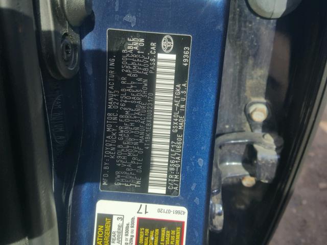 4T1BK1EBXDU023170 - 2013 TOYOTA AVALON BAS BLUE photo 10