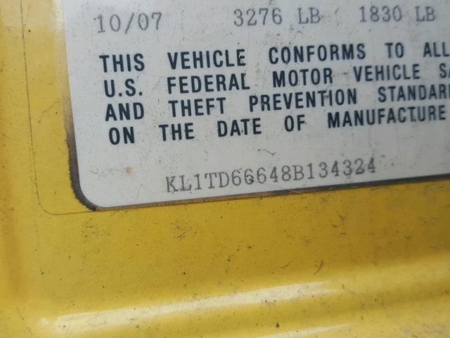 KL1TD66648B134324 - 2008 CHEVROLET AVEO BASE Żółty zdjęcie 10