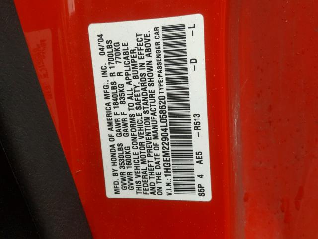 1HGEM22904L058620 - 2004 HONDA CIVIC EX RED photo 10