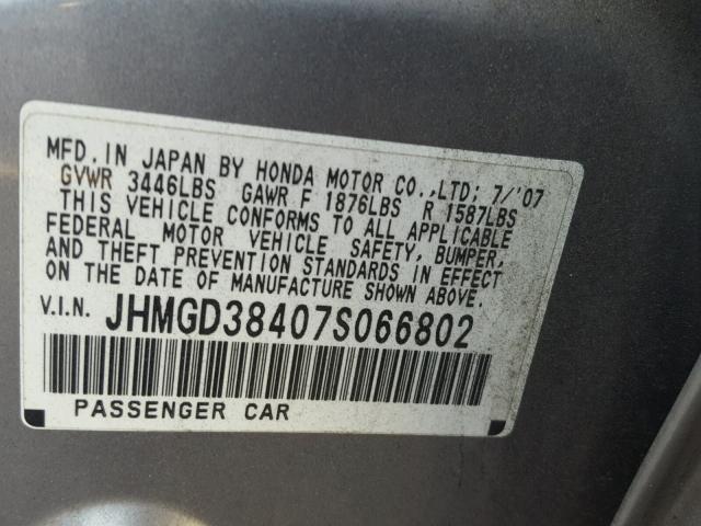 JHMGD38407S066802 - 2007 HONDA FIT SILVER photo 10