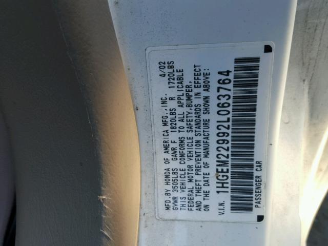 1HGEM22992L063764 - 2002 HONDA CIVIC EX თეთრი ფოტო 10