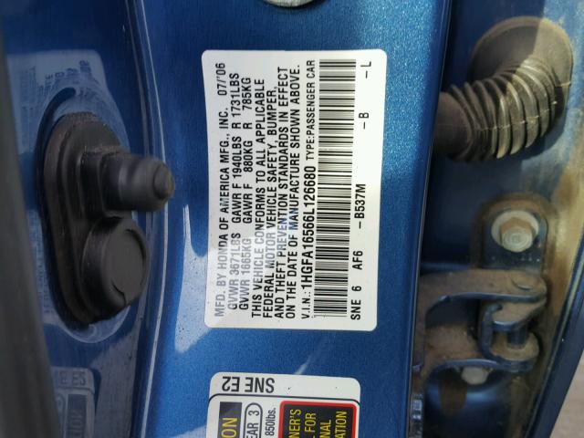 1HGFA16566L126680 - 2006 HONDA CIVIC LX BLUE photo 10