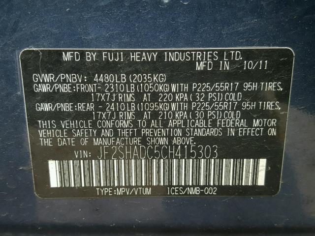 JF2SHADC5CH415303 - 2012 SUBARU FORESTER 2 BLUE photo 10