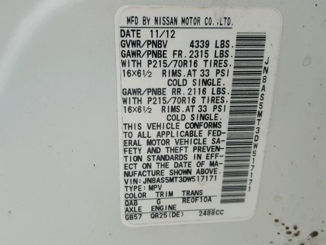 JN8AS5MT3DW517171 - 2013 NISSAN ROGUE S WHITE photo 10