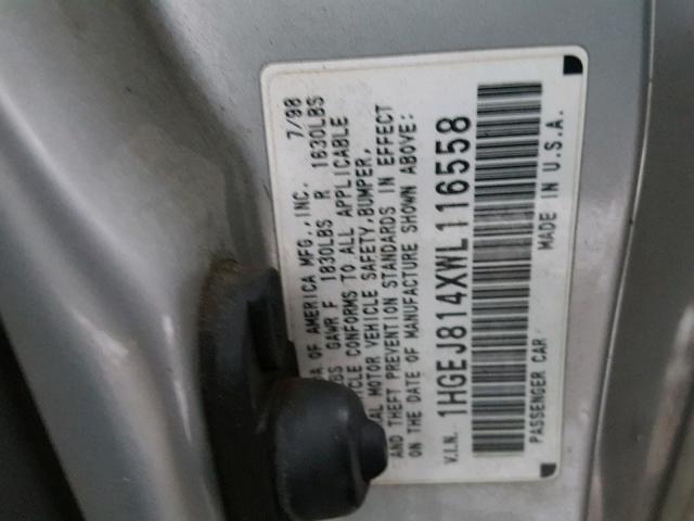 1HGEJ814XWL116558 - 1998 HONDA CIVIC EX SILVER photo 10