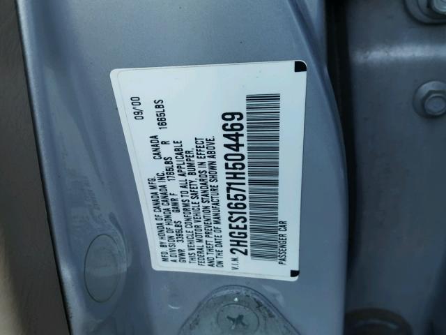 2HGES16571H504469 - 2001 HONDA CIVIC LX SILVER photo 10