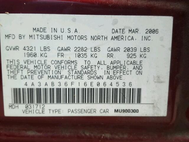 4A3AB36F16E064536 - 2006 MITSUBISHI GALANT ES BURGUNDY photo 10