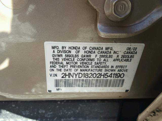 2HNYD18202H541190 - 2002 ACURA MDX GOLD photo 10