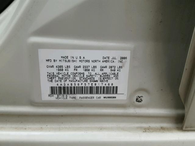 4A3AB56F57E017460 - 2007 MITSUBISHI GALANT ES WHITE photo 10