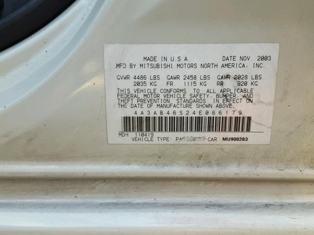 4A3AB46S24E066179 - 2004 MITSUBISHI GALANT LS WHITE photo 10