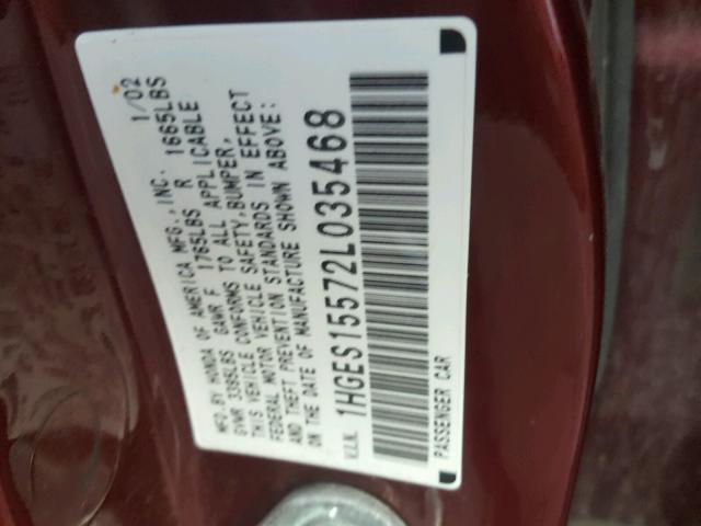 1HGES15572L035468 - 2002 HONDA CIVIC LX MAROON photo 10