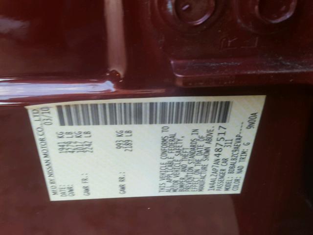 1N4AL2AP7AN487517 - 2010 NISSAN ALTIMA BAS RED photo 10