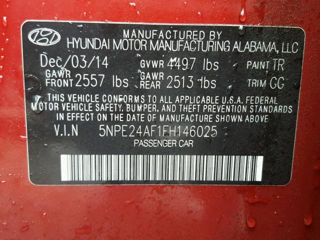 5NPE24AF1FH146025 - 2015 HYUNDAI SONATA SE RED photo 10