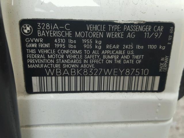 WBABK8327WEY87510 - 1998 BMW 328 IC AUT WHITE photo 10