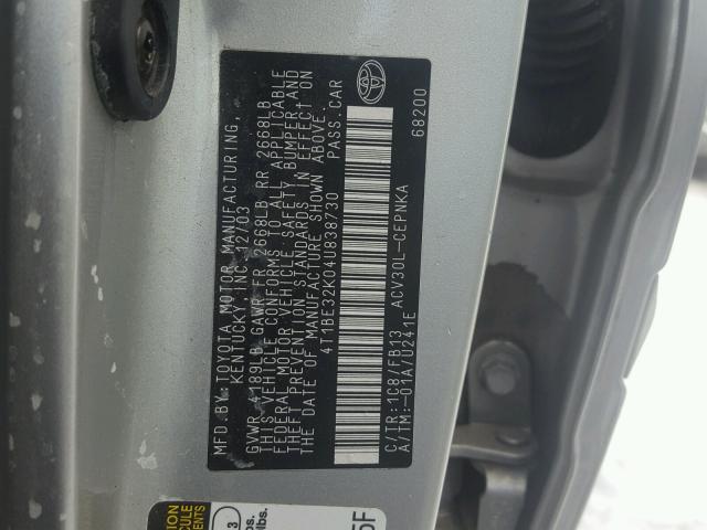 4T1BE32K04U838730 - 2004 TOYOTA CAMRY LE GRAY photo 10