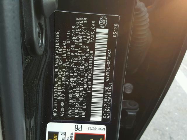 4T4BF1FK2ER404666 - 2014 TOYOTA CAMRY L BLACK photo 10