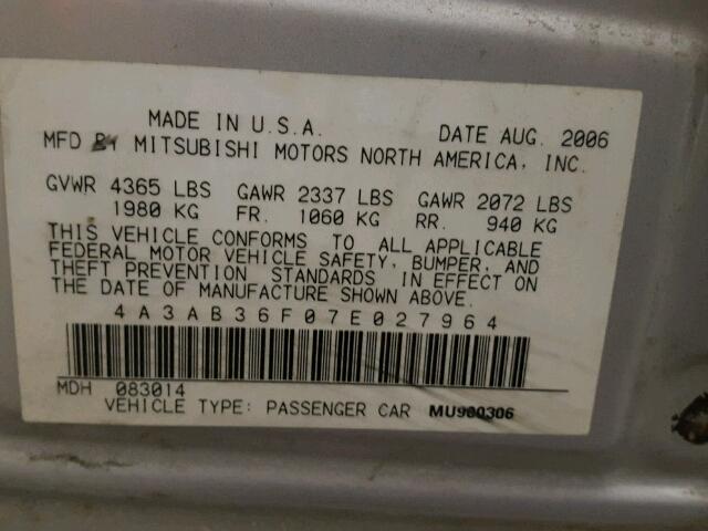 4A3AB36F07E027964 - 2007 MITSUBISHI GALANT ES SILVER photo 10