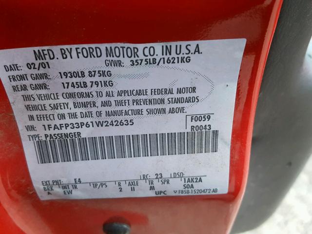 1FAFP33P61W242635 - 2001 FORD FOCUS LX RED photo 10