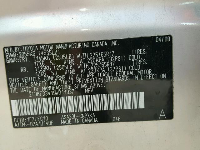 2T3BF33V19W011937 - 2009 TOYOTA RAV4 SILVER photo 10