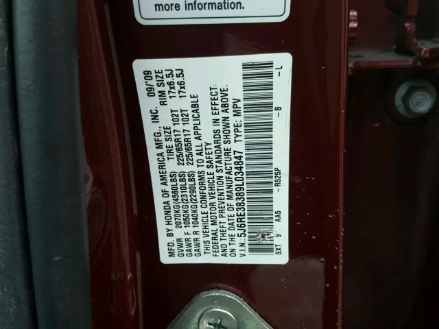 5J6RE38389L034847 - 2009 HONDA CR-V LX RED photo 10