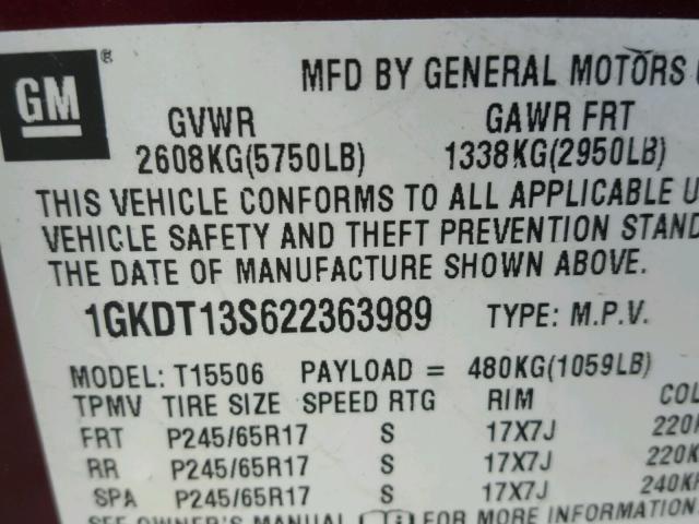 1GKDT13S622363989 - 2002 GMC ENVOY MAROON photo 10