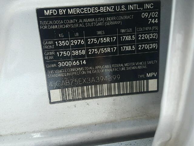 4JGAB75EX3A394399 - 2003 MERCEDES-BENZ ML 500 GRAY photo 10