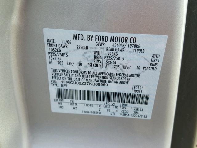 1FMCU02Z27KB69959 - 2007 FORD ESCAPE XLS SILVER photo 10