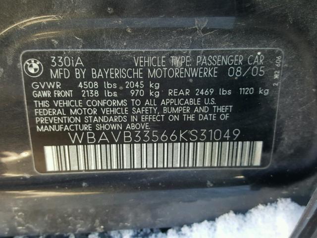 WBAVB33566KS31049 - 2006 BMW 330 I GRAY photo 10