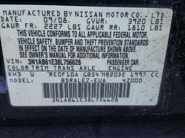 3N1AB61E38L756628 - 2008 NISSAN SENTRA 2.0 BLACK photo 10