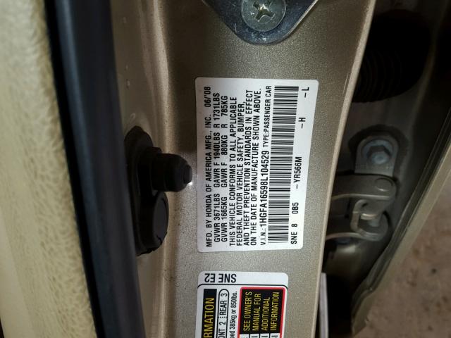 1HGFA16598L104529 - 2008 HONDA CIVIC LX TAN photo 10