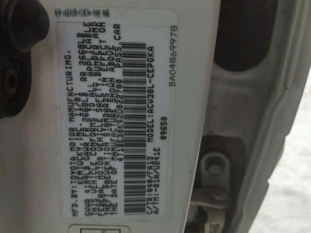 4T1BE30K92U022700 - 2002 TOYOTA CAMRY LE თეთრი ფოტო 10