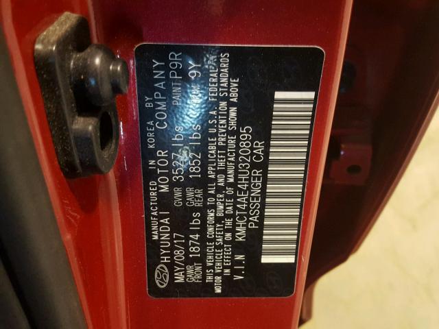 KMHCT4AE4HU320895 - 2017 HYUNDAI ACCENT SE RED photo 10