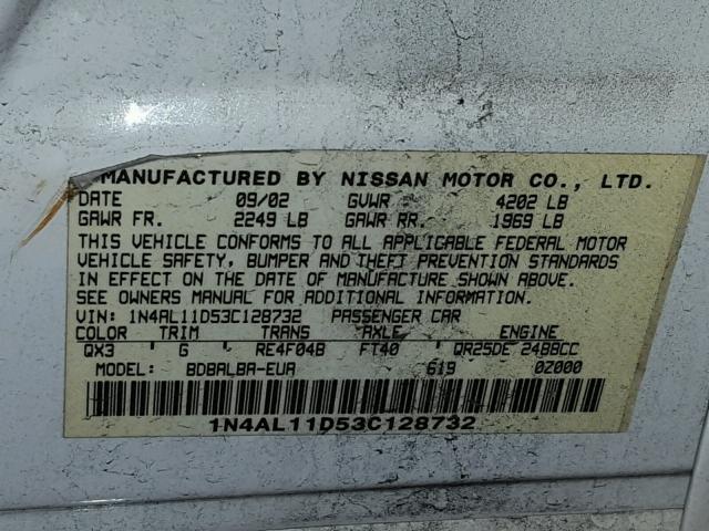 1N4AL11D53C128732 - 2003 NISSAN ALTIMA BAS WHITE photo 10