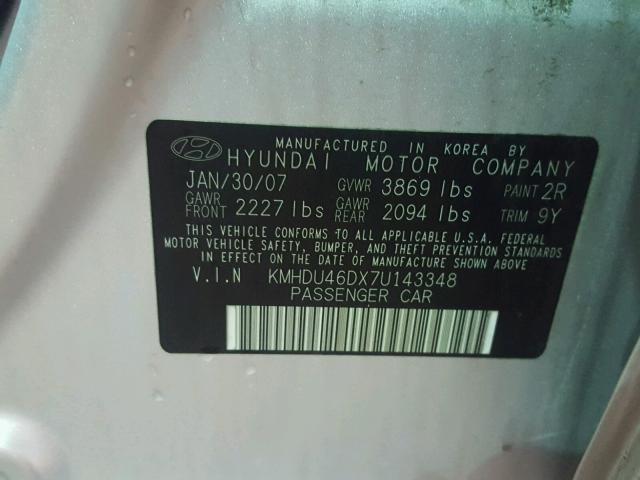 KMHDU46DX7U143348 - 2007 HYUNDAI ELANTRA GL SILVER photo 10